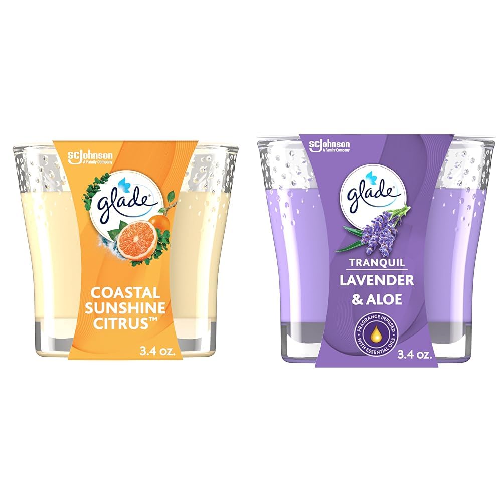 Glade Candle Jar Bundle, Coastal Sunshine Citrus and Tranquil Lavender & Aloe, 2x 3.4 Oz