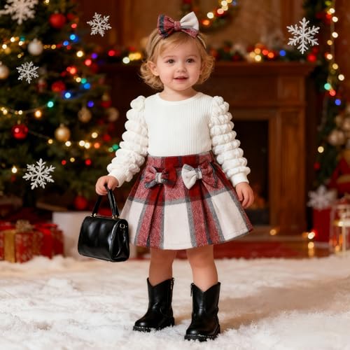 Christmas Toddler Baby Girl Plaid Dress Puff Sleeve Bow Patchwork Ribbed Shirts Dress Plaid Fall Winter Outfits (Red Plaid A,3-6 Months)