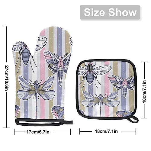 Dragonflies Butterflies Stripe Oven Mitts And Pot Holders Sets Retro Oven Mits Mittens Heat Resistant Potholders Oven Gloves Hot Pad For Baking Cooking Kitchen Grilling Bbq Gifts 2 Piece Set #TOP1
