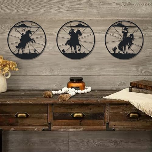 QZGXDECO Western Wall Decor - Metal Cowboy Wall Art & Vintage Wagon Wheel Decorations, Rustic 3 Pcs Wild West Themed Sculpture for Home, Living Room, Bedroom & Ranch Style Wall Hanging