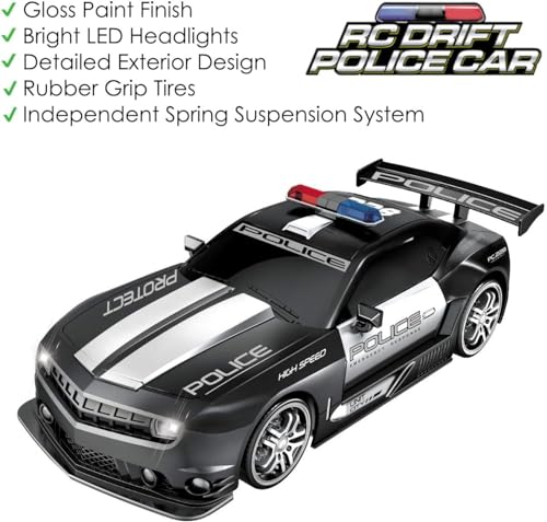 Haktoys Remote Control Police Car RC High Speed Cop Chase 1:12 Scale Radio Control Patrol Sports Vehicle with Headlights