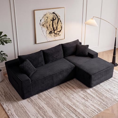 Image of 94.5 inch L Shaped Boneless Sectional Corduroy Couches for Living Room (Black)