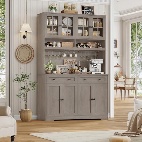 Image of HOSTACK 75.4 inch Tall Kitchen Pantry Cabinet with Charging Station, Modern White Kitchen Hutch with Microwave Stand and Wine Rack, Large Food Pantry Storage Cabinet with Glass Doors and Drawers, Ash Gray