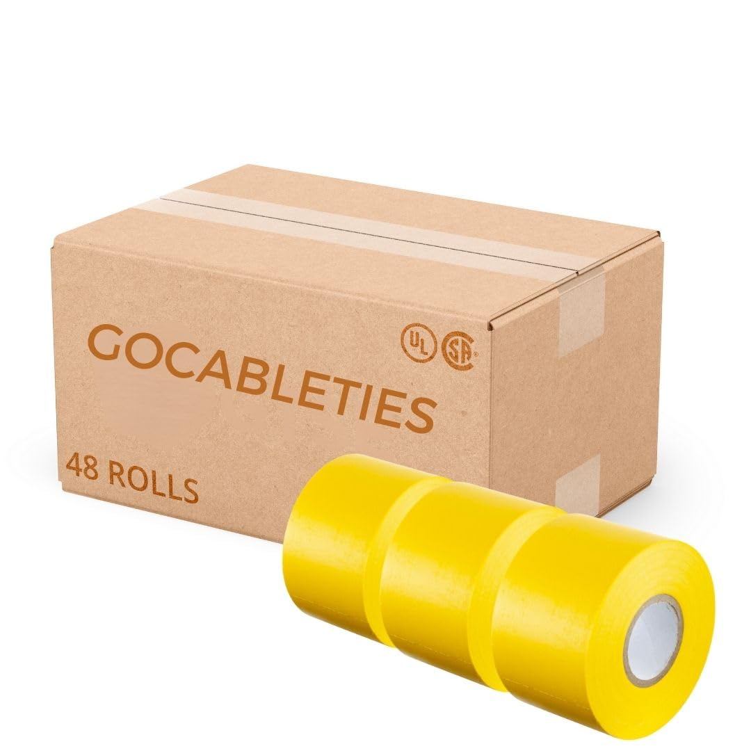 Gocableties Yellow Wide Electrical Tape, 50mm x 33m, 2" Strong Self-Adhesive PVC Insulation Tape for Insulating, Repairing and Protecting Electrical Wires, 48 Rolls