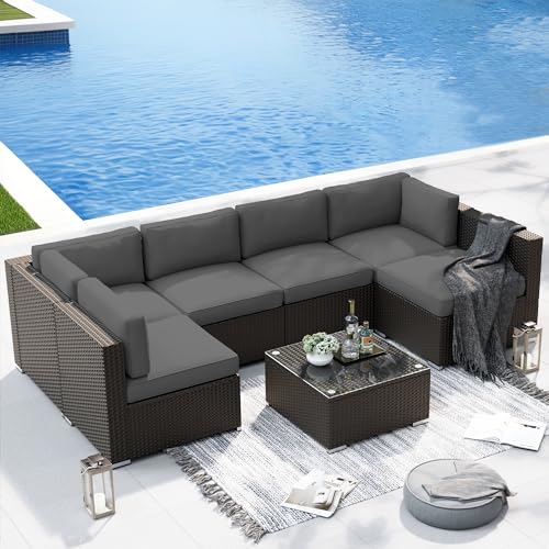 SUNCROWN 7-Piece Outdoor Patio Furniture Sofa Set All-Weather Wicker Sectional Conversation Set with Modern Glass Coffee Table and Cushions