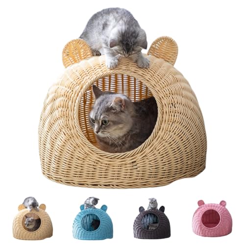 SJGEIDM キャットハウス ドーム型 キャットハウス キャットベッド キャットベッドハウス ケージ 子猫用 キャットハウス ベッド ファッション 大型 洗える ラタン キャットハウス 半密閉型 四季通用 ラタン 通気性 犬小屋 (ベージュ,小さい+クー