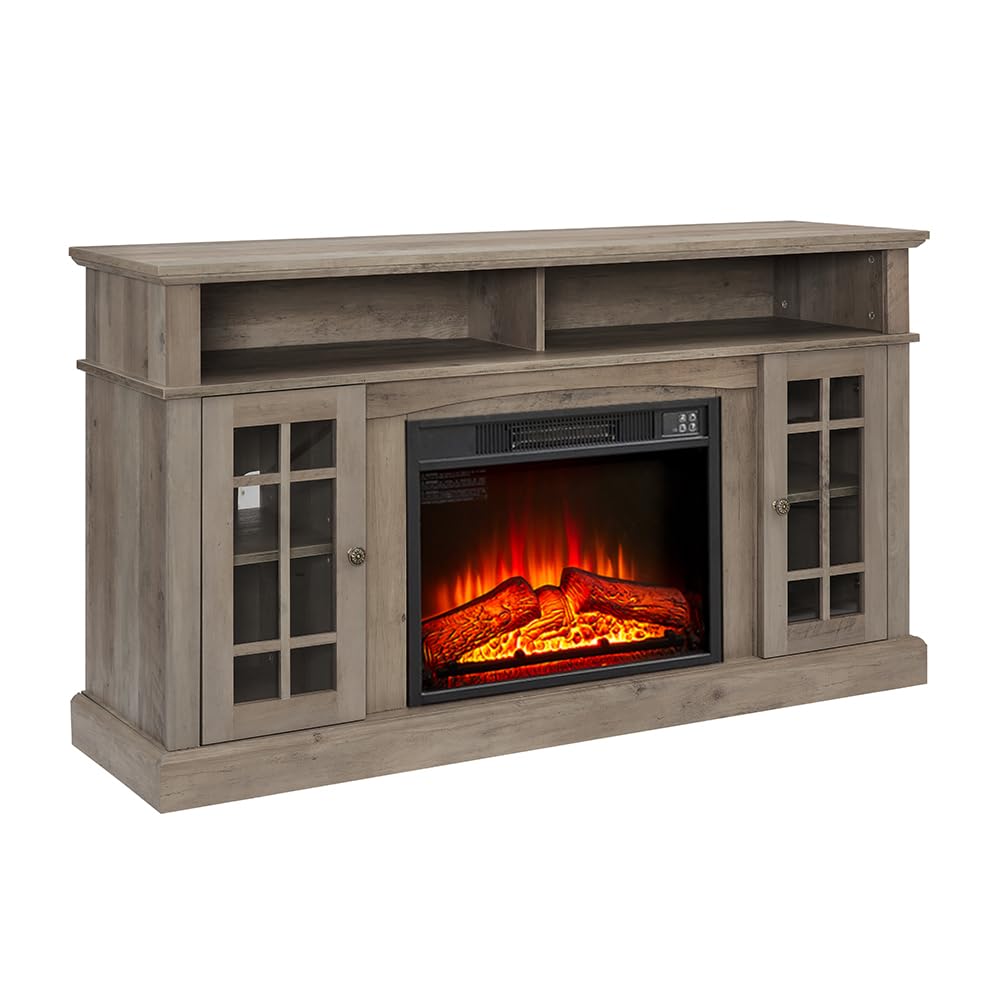 Traditional 58 Inch Rustic Electric Fireplace TV Stand & Media Entertainment Center Console Table for TVs up to 65 Inches with Open Storage Shelves & Cabinets, 23" Electric Fireplace, Gray