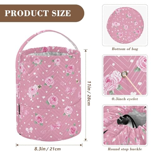 Image of ElliTarr Crochet Bag Yarn Bag with Handle Portable Knitting Project Bag Travel Yarn Storage Organizer Holder Case Pink Valentine Heart Roses Bows