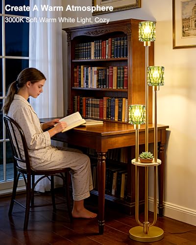 Image of Lightdot 3-Lights Glass Floor Lamp for Living Room Modern Gold Floor Lamp with Green Glass Shade for Wedding /Party Farmhouse Tall Standing Lamp with 5Lb Heavy Base for Bedroom /Sofa Beside /Corner Decor