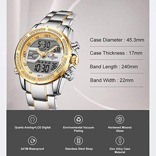 Adaskala NAVIFORCE Quartz Digital Eletrônico Masculino Relógio Dual Time Data Semana Display Backlig