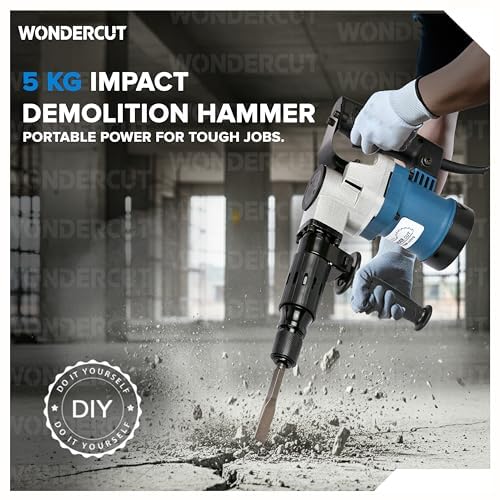 Image of WONDERCUT WC-DHP-005-B Demolition Hammer with 35mm Cylinder, 100% Copper, 15J Force | 1200 Watts, 3600 BPM with 2Pcs 17mm Hex Chisels,Spanner & BMC Box | Concrete & Masonry Breaker |Blue & Black