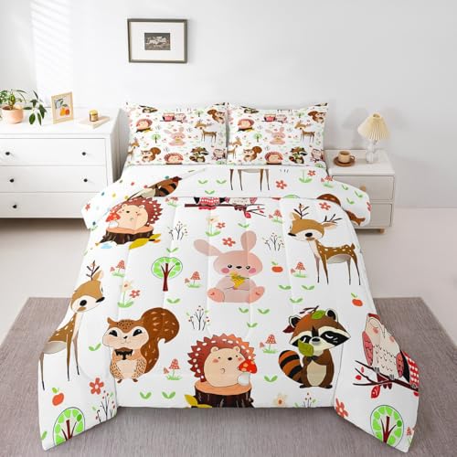 Image of Feelyou Cute Rabbit Bedding Set for Kids Toddler Queen Size Hedgehog Comforter Set Boys Girls Raccoon Owls Bedding Set Squirrel Duvet Insert 3Pcs