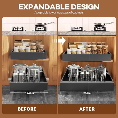 4Pack Expandable Pull Out Cabinet Organizer 21"Deep With Raising Pad for Framed Cabinets,Slide Out Drawers with 4pcs Divider Racks,Roll Out Shelves Adhesive,Adjustable Width 12.05"-20.4"Black