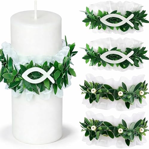 4 Stück Tropfschutz Kommunionkerze Tropfschutz Kerzenkranz Kerzenrock Kommunion Buchskranz für Taufkerzen Kerzendeko für Kerzen Ø 36 cm geeignet für Taufe Hochzeit Kommunion