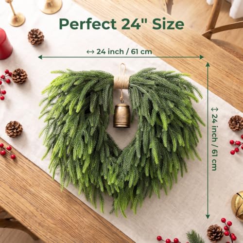 ZHWOSEE 24" Heart Artificial Norfolk Pine Wreath, Vintage Metal Bell Accent - image 2