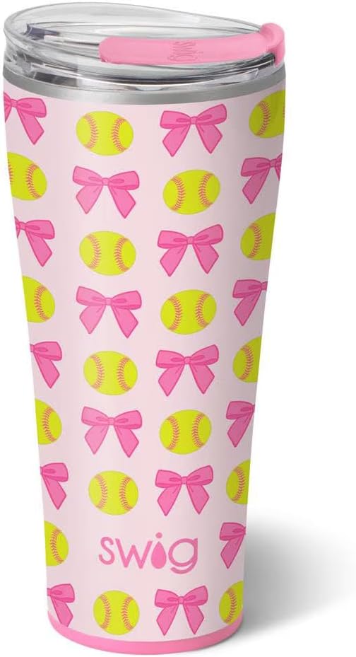Swig Life 32oz Insulated Tumbler, Travel Coffee Tumbler with Lid, Cup Holder Friendly Stainless Steel, Travel Coffee Mug, Softball Gifts, Softball Water Bottle (Pitch Hit Run)