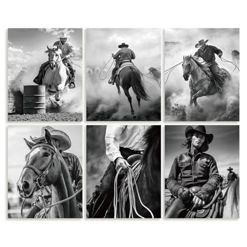 DOODLREAM Lot de 6 toiles murales imperméables sans cadre de cowboy occidental à cheval à cheval - 20 x 25 cm - Noir et blanc - Décoration murale pour...