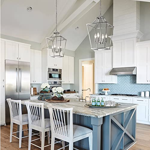 foucasal 4-Light Lantern Pendant Light, Brushed Nickel Hanging Light Fixtures Chandelier with E12 Bulb Base, 12" Adjustable Farmhouse Chandelier Lighting Fixture for Dining Room Kitchen Foyer - Image 2