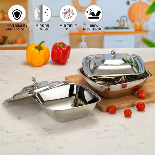 Image of Sumeet Stainless Steel Square Serving Bowl /Curry Bowl /Gravy Pot with lid, 900ml & 1250ml capacity, 17cm & 18.8cm Dia, Set of 2 Pcs, Silver
