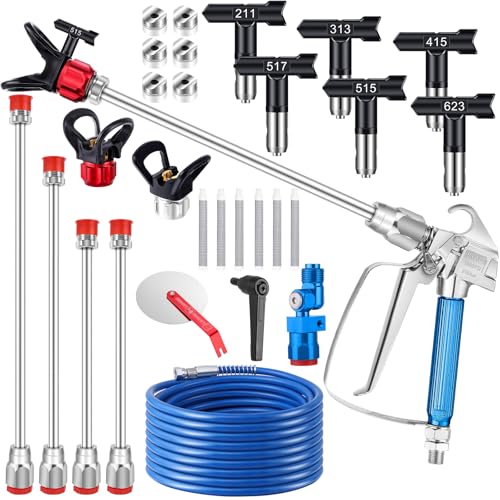 Gyfent 22Pcs Airless Paint Sprayer Gun Kit, 3600PSI Spray Gun with 50Ft x 1/4“ NPT Airless Paint Sprayer Hose & 6Pcs Reversible Spray Tips & Guide Tool & 4Pcs Extension Wand & 6Pcs Filters