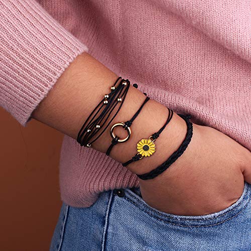 Image of Stackable Sunflower String Bracelets Cute Boho Braided Summer Beach Jewelry