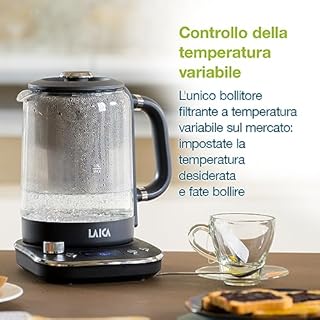 LAICA ISEO Bollitore Elettrico Filtro, Capacità 1,5L con Livelli di Temperatura Variabili + 1 Cartuccia Filtro Acqua Bi-flux® per Tè e Caffè, 2.5kw - Vetro, Nero