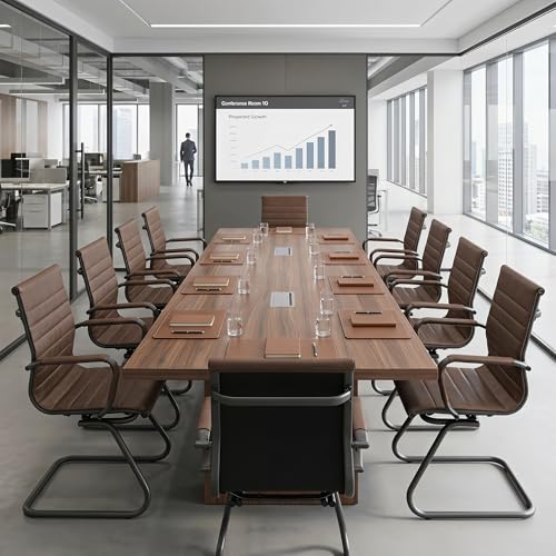 Image of HNY Leather Office Guest Chairs & Reception Chairs Set of 8, Modern Waiting Room Chairs with Arms, Desk Chair no Wheels with Sled Base for Waiting Room /Conference Room, Retro Brown