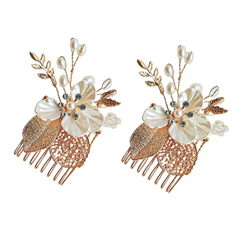 NULYLU 2個花飾り ヘアコーム 結婚式用 パール 付き ヘアピン 髪飾り 色