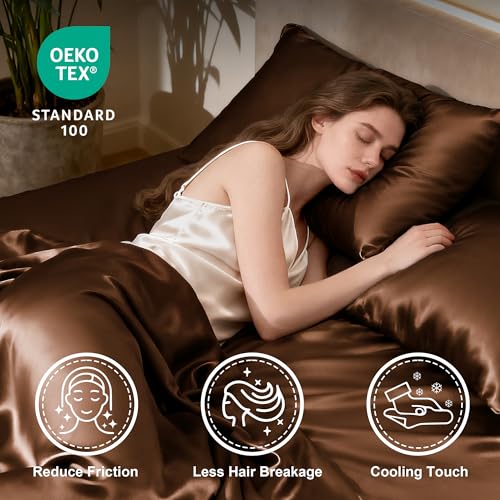 Image of Love's cabin Satin Queen Sheets Set - 4 Piece Brown Silky Bed Sheets with Deep Pocket, Luxury Silk Feel Satin Queen Size Sheet Set (1 Flat Sheet,1 Fitted Sheet,2 Pillow Cases)