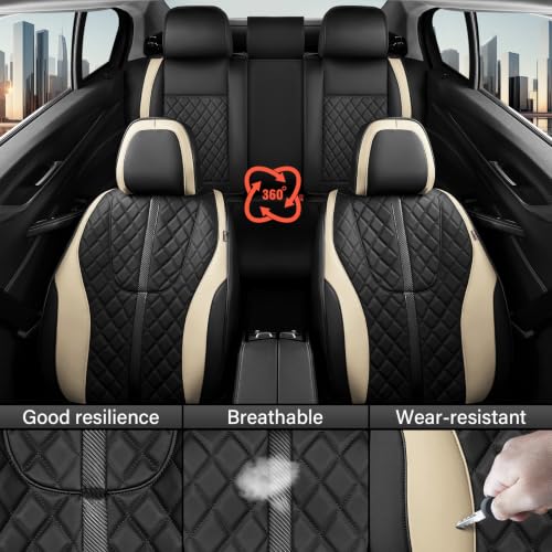 Image of Coverado Car Seat Covers Full Set, Luxury Diamond-Pattern Leather Seat Covers & Carbon Fiber, Waterproof Car Seat Protector, 5 Seats Automotive Seat Covers Universal Fit for Most Cars,BlackBeige