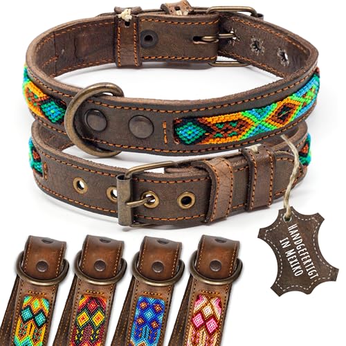 ALTEZAR Lederhalsband Hund - Doppelt Tribal Bestickt Grün Braun - Hochwertig verarbeitetes Hundehalsband Leder - Handgemacht in Mexiko - Größe S - Halsband Hund für kleine Hunde Leder breit