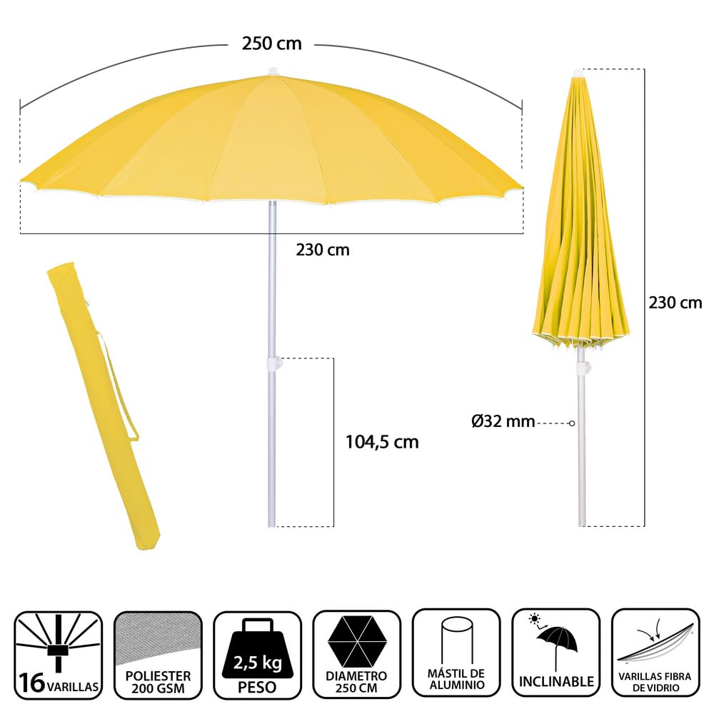 LOLAhome Parasol sombrilla Mostaza de Ø 250 cm, Aluminio | con Varillas Flexibles de Fibra de Carbono y mástil de Aluminio