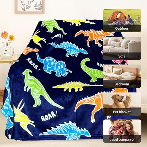 Image of TEHALK Dinosaur Glow in The Dark Blanket for Boys /Girls /Toddler /Baby, Dinosaur Toys for Boy Age 3-12, Cute Funny Kids Throw Blanket for Birthday /Gifts 50 inchx 60 inch