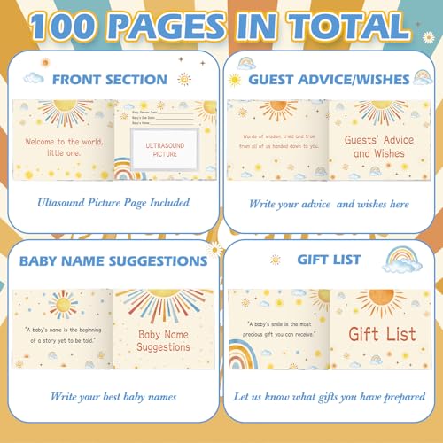 Image of Fuyoooo 27 Pcs Boho Sun Baby Shower Guest Book Baby Shower Sign in Guest Book Reception with Sonogram Page Keepsake Includes Gold Pen Table Card and Adhesive Photo Corner for Birthday