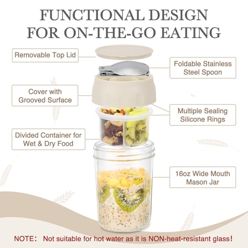 Image of SOLIGT 2 Pack Overnight Oats Containers with Lids (Oat White /Oat White) | Folding Spoons and Divided Compartments for Fruit&Nuts, Small Glass 16oz Mason Jars for Oatmeal Yogurt Parfait