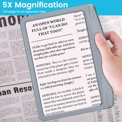 Image of Rechargeable 5X Magnifying Glass for Reading, Large Bright Full Page Magnifier with Light, Handheld LED Dimmable Lighted, Lightweight Book Magnifier for Reading Small Prints Seniors - Gray