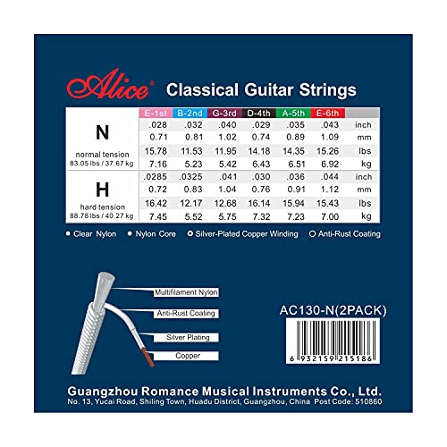 Classical Guitar Strings, Alice 2 Set Ac130 Classic Tie-On Nylon Guitar Strings With Anti-Rust Coating, 28-42 Normal Tension #TOP2