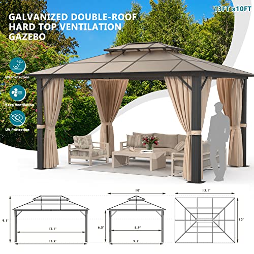 Breezestival 10'X13' Outdoor Hardtop Gazebo Polycarbonate Double Roof Canopy Curtains Aluminum Frame With Netting For Garden, Patio #TOP3