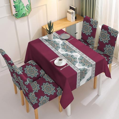 Image of Styleys Dining Chair Covers with Rectangular Table Cover | Waterproof Dining Table Cloth for Dining Room - 1 Table Cover + 4 Chair Cover, Plum-Teal Medallion, XKFSZB-16A