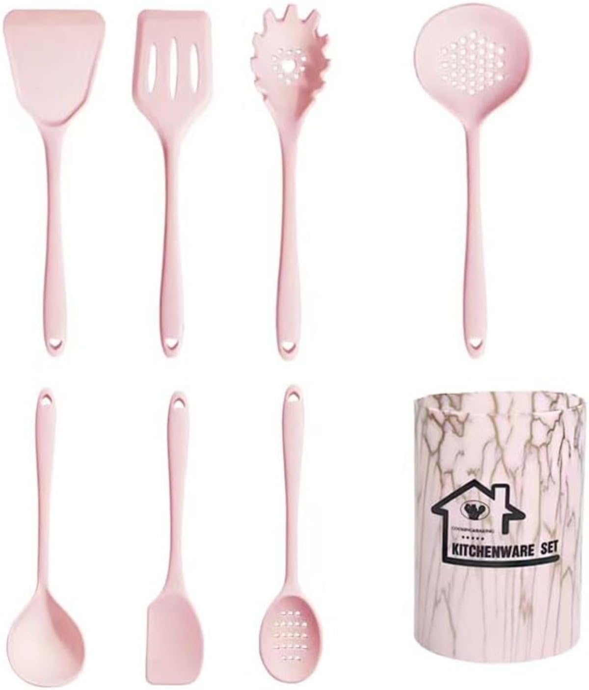 18 Piece Silicone Kitchen Utensil Set, Kitchenware with Storage Bucket, Dinnerware Set, Cookware Set, Kitchen Tools (Pink,8) Pink 8
