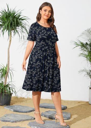 Image of POSESHE Womens Plus Size Summer Dress 2026 Casual Short Sleeve Empire Waist Loose Fit Swing T-Shirt Dress with Pockets