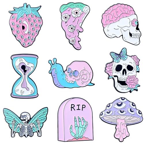 Image of 9 Pcs Spooky Enamel Pins for Backpack Punk Goth Skeleton Snail Decorative Lapel Pin for Jacket Hat