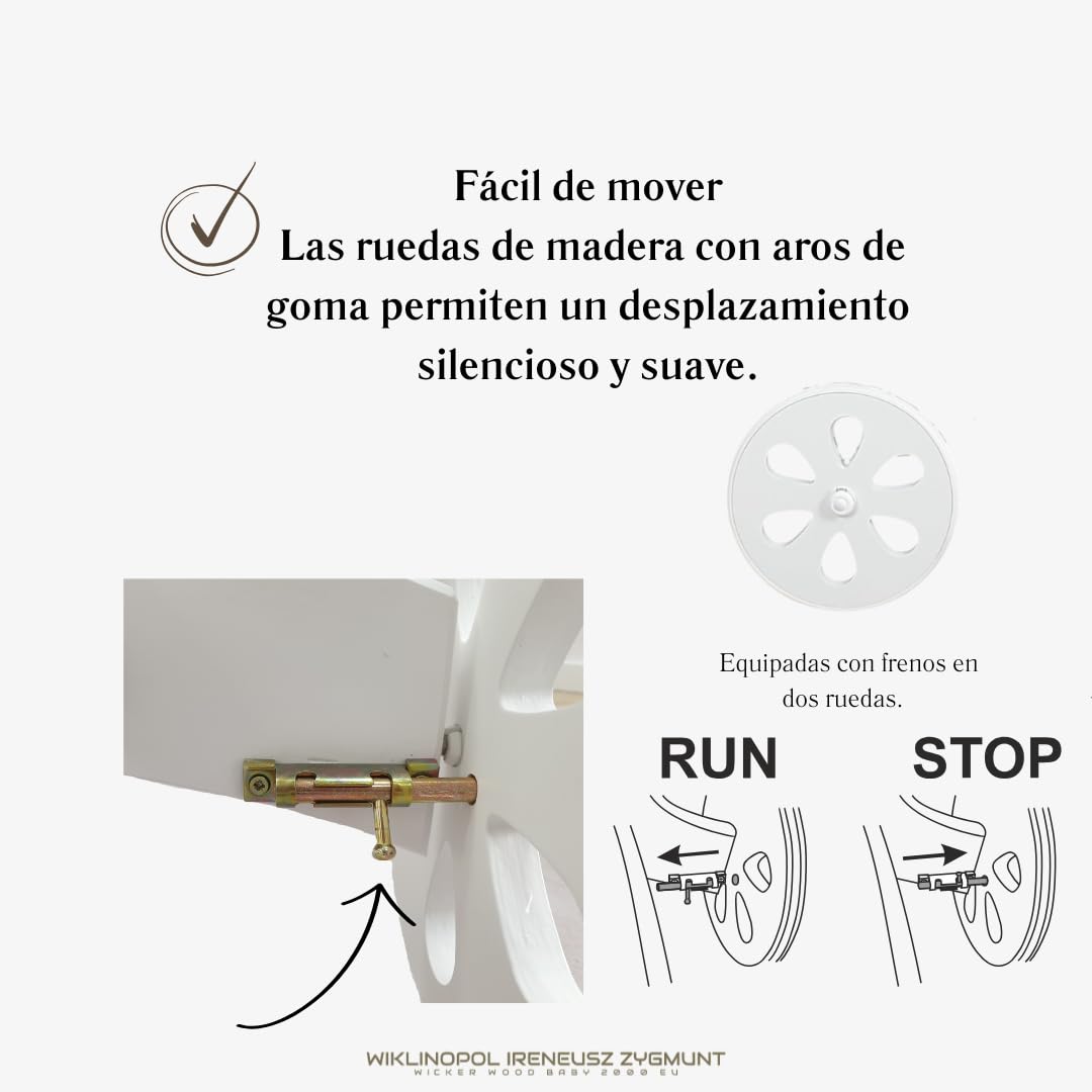 Wiklinopol Moisés de Mimbre para Bebé con Soporte de Madera y Ruedas Annabell – Cuna con Colchón y Ropa de Cama 5 Piezas Muselina Rosa – Cochecito Blanco para Recién Nacido
