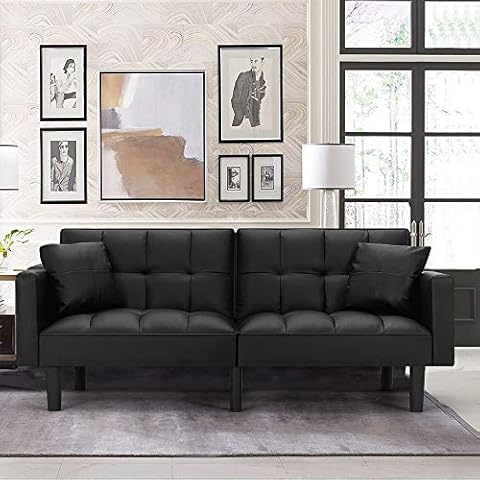 HOMHUM Modern Leather Convertible Futon Sofa Bed Folding Couch Recliner Adjustable Back with Arm Set for Living Room, Black Cover