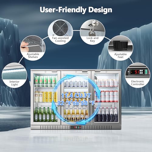 BODEGA BODEGACOOLER Back Bar Cooler With 3 Glass Doors,11.4 Cu.Ft Stainless Steel Commercial Back Bar Fridge with LED Lighting,Counter Height Bar Beverage Cooler for Beer,Soda Drinks,Wine on Fridge.com