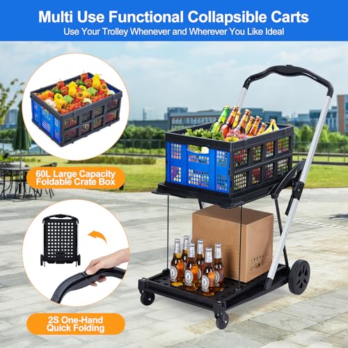 Collapsible Shopping Cart, Foldable Grocery Cart with Wheels and Removable Storage Crate, 2-Tier Portable Utility Cart for Home, Groceries, Supermarket