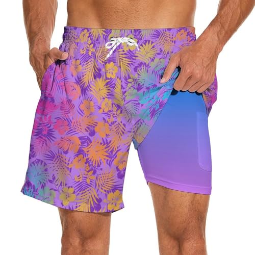 Men's Swim Trunks with Compression Liner Beach Shorts with Pockets 7 Inch Inseam Swim Shorts