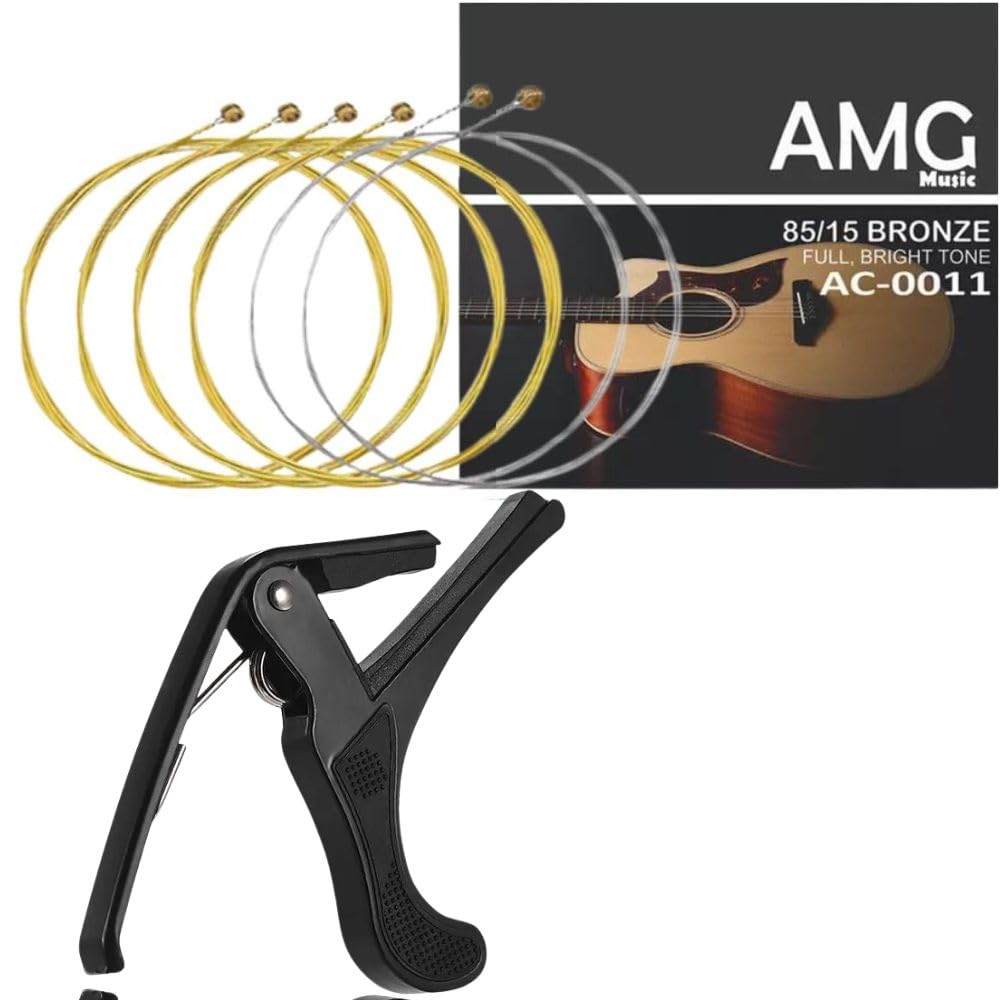 Techblaze Acoustic Guitar String set with Metal Alloy Guitar Capo |One Handed Trigger Guitar Capo Quick Change Capo for Ukulele, Bass, Electric |Stainless Steel Strings set of 6 with Hollow Ball End