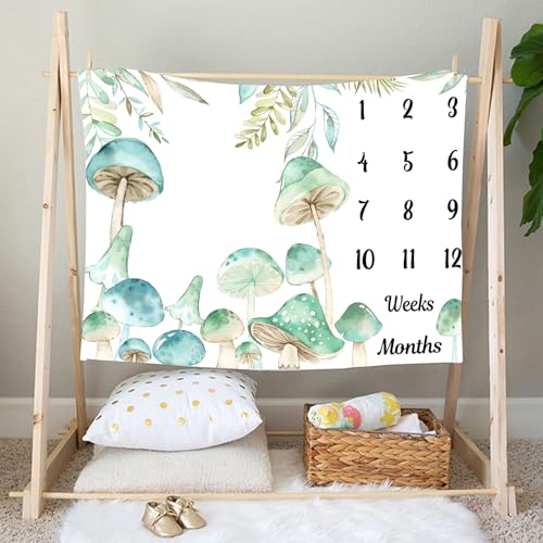 Image of Mushroom Theme Baby Monthly Milestone Blanket, Soft Flannel Watercolor Spring Tropical Eucalyptus Leaves Botanical Photography Prop Newborn Baby Shower Age Growth Tracker (Green, 60x40in)