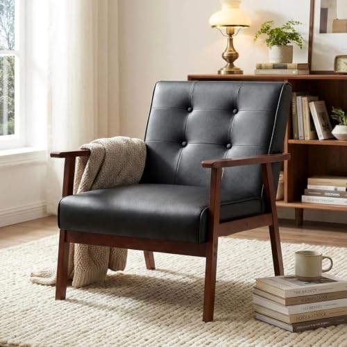 Image of STHOUYN Upholstered Accent Chair, Black Leather Arm Chair with Wood Frame | Comfy Reading Chair, Mid-Century Modern, Living Room, Waiting Room, Office